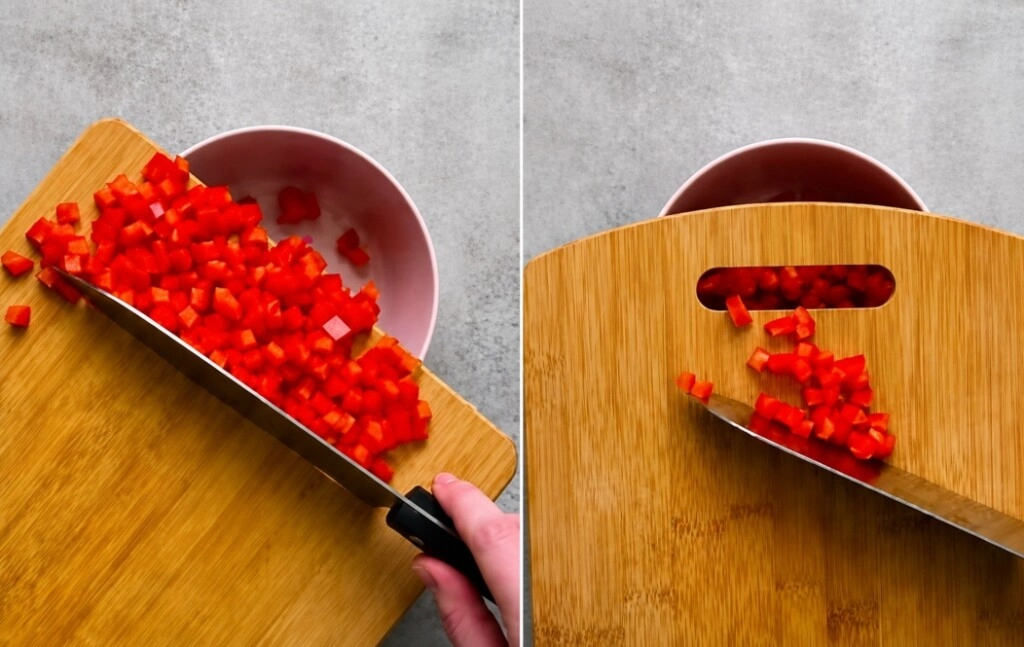 Así no! Así sí, como se ve a la derecha: para eso sirve la ranura de la tabla de picar verduras.