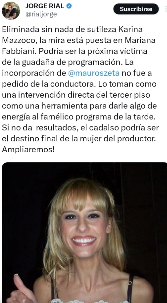 EL TUIT DE RIAL ANUNCIANDO QUE MARIANA FABBIANI PUEDE SER LA PROXIMA VICTIMA EN AMERICA.