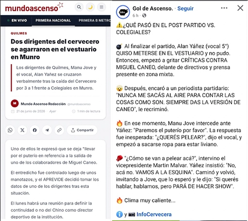 ASI INFORMARON "MUNDO ASCENSO" Y "GOL DE ASCENSO" EL ESCANDALO PROTAGONIZADO POR JOVE EN LA CANCHA DE COLEGIALES.