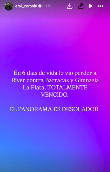 EL LAMENTO DE CORONITI PORQUE EN SEIS DIAS DE VIDA SU BEBE VIO PERDER A RIVER DOS VECES.