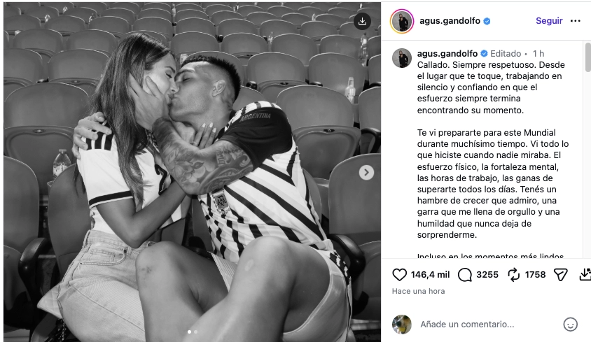 EL FUERTE POSTEO DE AGUSTINA GANDOLFO TRAS LA FINAL DONDE SU MARIDO LAUTARO MARTINEZ SE QUEDO AFUERA.