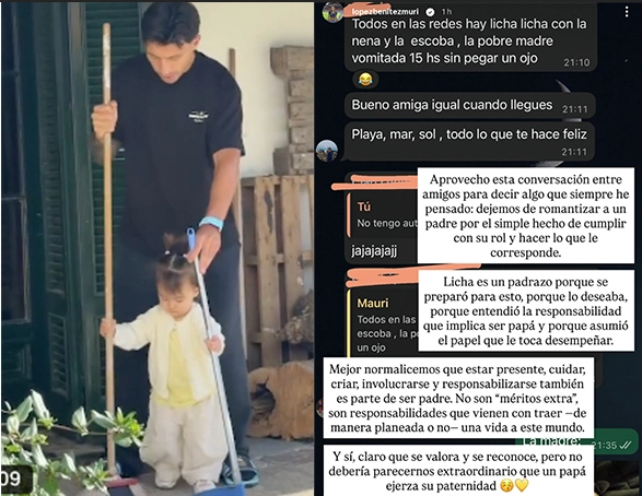 A LA IZQUIERDA LA IMAGEN QUE SE VIRALIZO DE LICHA MARTINEZ UN PADRE TIERNO, PREOCUPADO, ATENTO, Y QUE PROVOCO UNA TONELADA DE ELOGIOS. A LA DERECHA, LA REACCION EXPLOSIVA DE LA PROPIA MUJER DEL "MAS MACHO Y RUDO" DE LA SCALONETA.