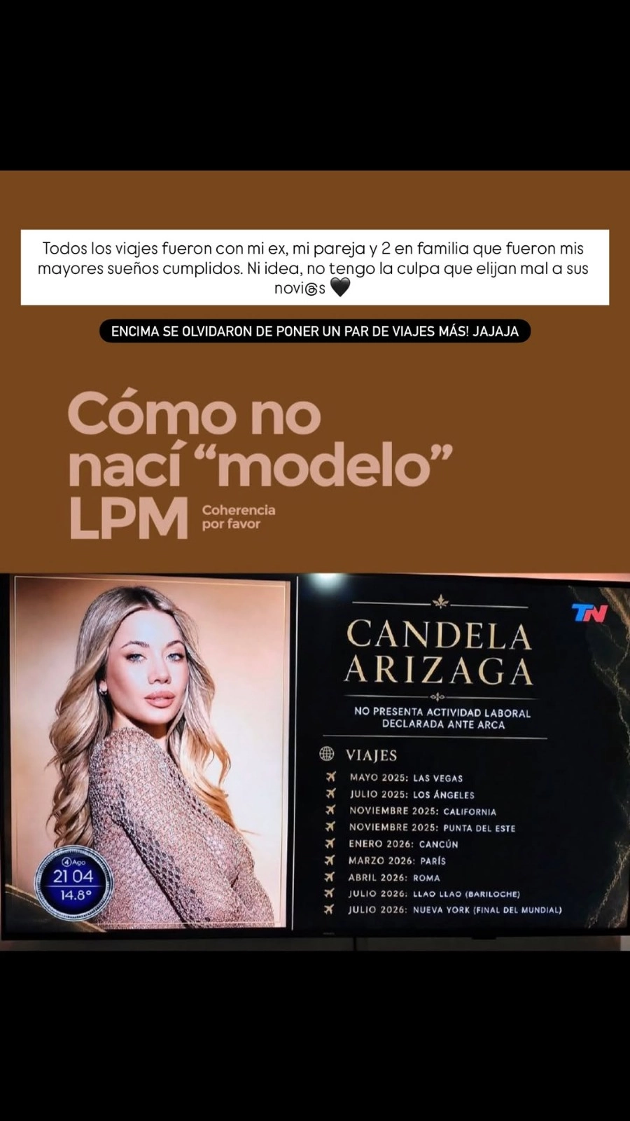 Candela Arizaga se defendió de las críticas por sus viajes al exterior. Foto: IG.