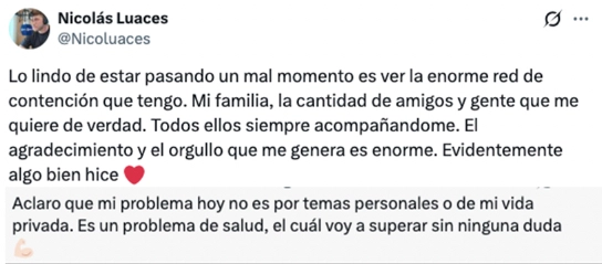 NICO LUACES ENFRENTA UN PROBLEMA DE SALUD Y LO COMUNICO EN SU CUENTA DE  TWITTER.