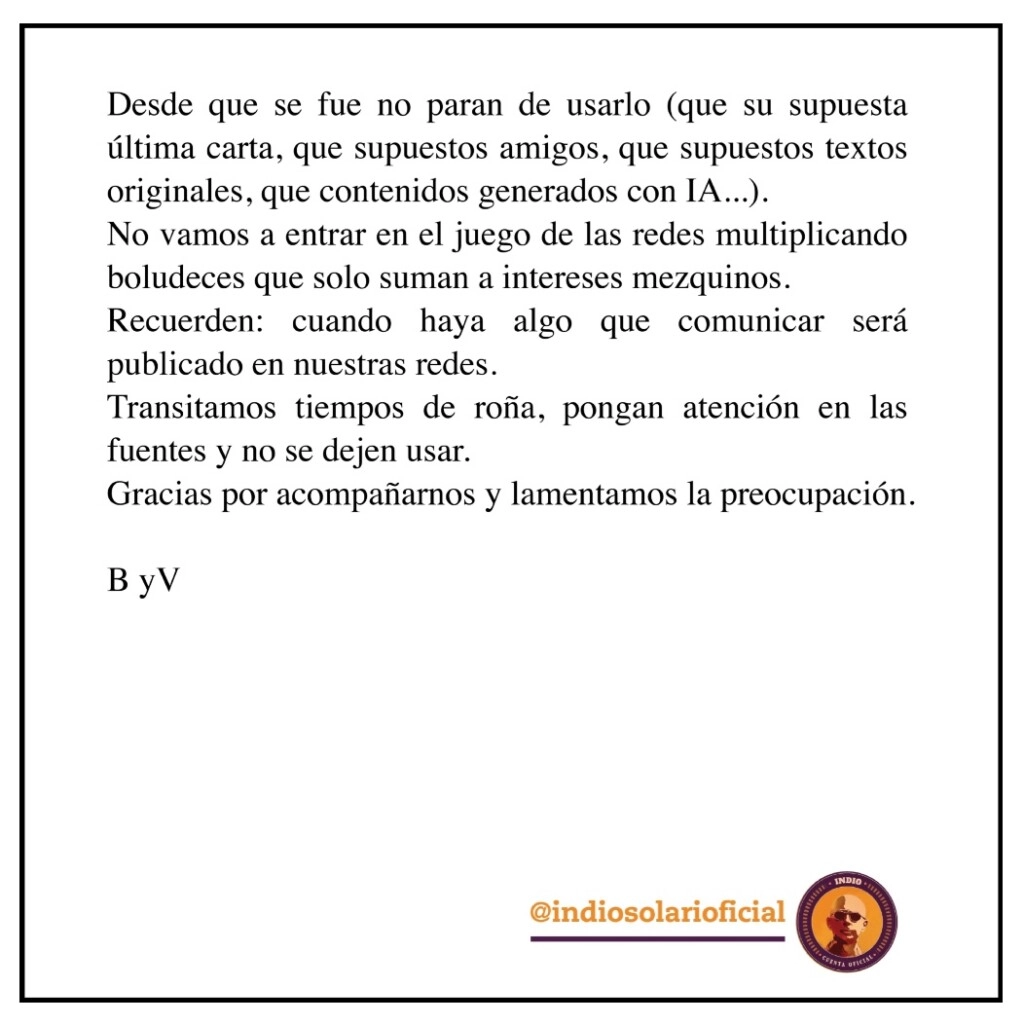 El comunicado de la familia del Indio Solari. (Instagram)